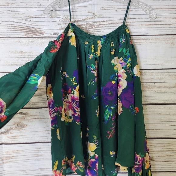 Anthropologie Maeve Tallie Green Floral Silk Open Shoulder Top Size Small - Picture 8 of 9